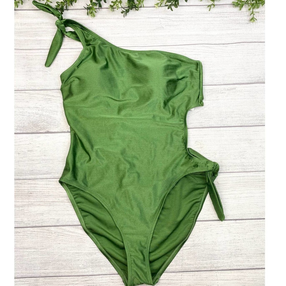 NEW Halcurt One-shoulder Side Cut Out Green One Piece Swimwear Bathing Suit  XL - Picture 2 of 6